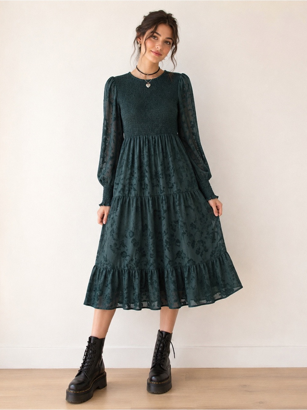 PRETTYGARDEN Smocked Emerald Green Midi Dress Prairie Size M Cottagecore